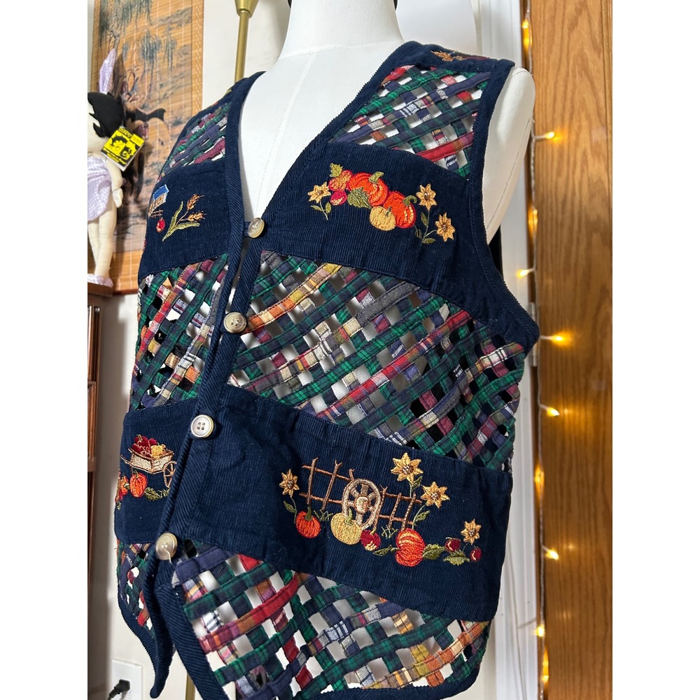 Vintage Cascade Blues Womens M Navy Corduroy Embroidered Fall‎ Farmhouse Vest - Picture 2 of 7